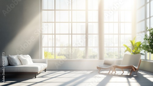 Modern Living Room with Large Windows and Sunlight