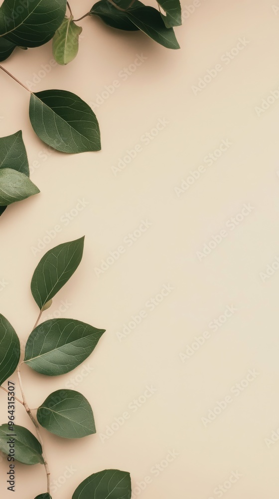 A soft beige background with a green leaves A soft beige background with a green leaves