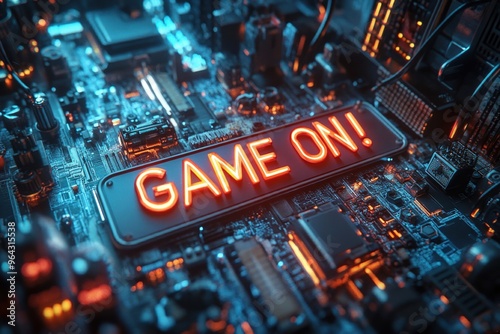 Illuminated Circuit Board with Neon Sign: Game On! A Futuristic Representation of Technology and Gaming Culture