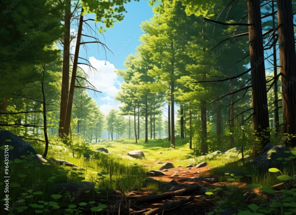Fototapeta premium Forest on a sunny day with bright sunlight