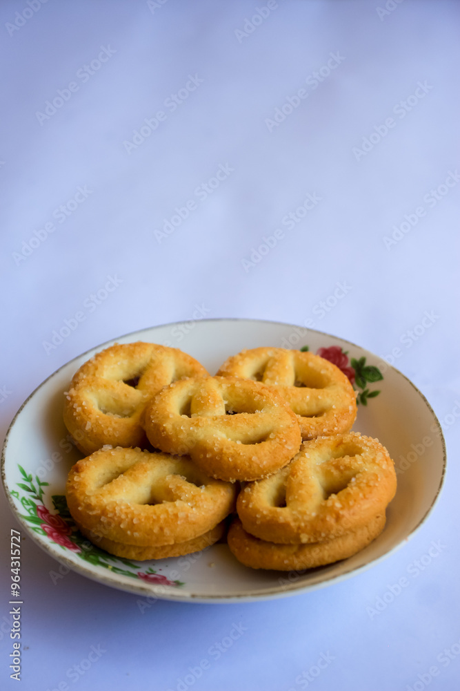 Danish butter cookies, Close up of butter cookies coated with white sugar, sweet cookies Danish butter cookies, Close up of butter cookies coated with white sugar, sweet cookies