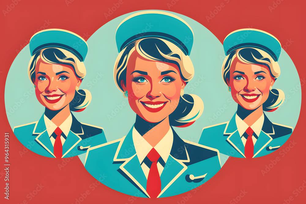 Beautiful young flight attendants in flight uniforms are smiling broadly Beautiful young flight attendants in flight uniforms are smiling broadly