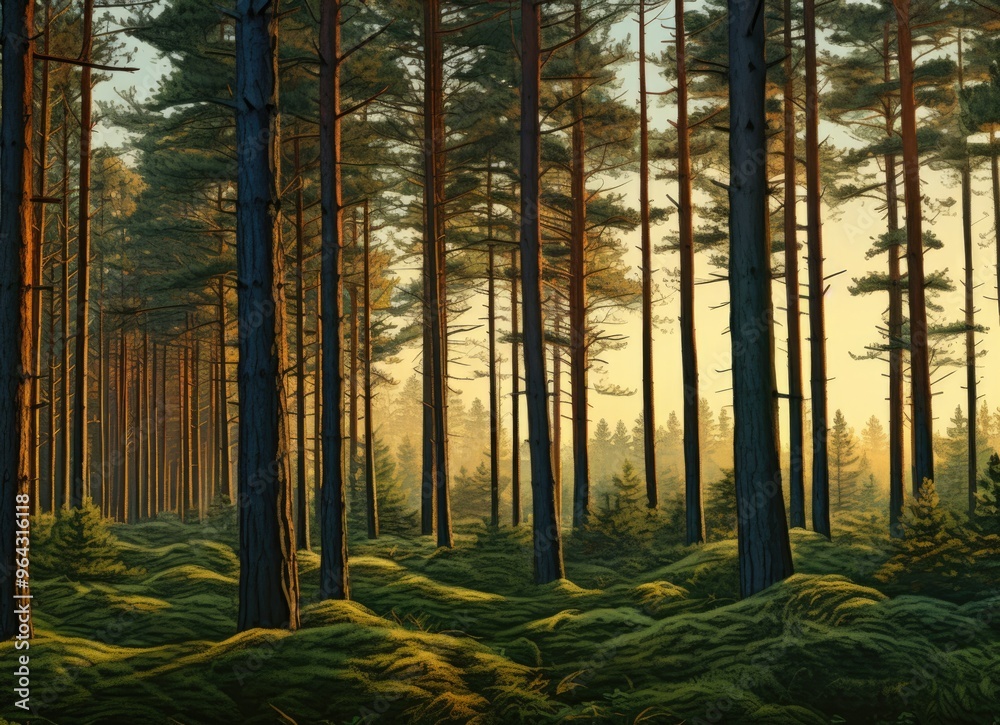 English green pine forest at sunrise English green pine forest at sunrise