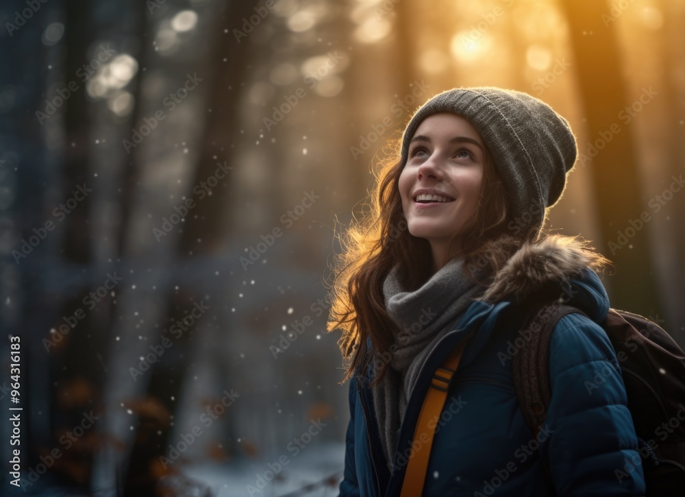Happy girl hiking in a forest in winter Happy girl hiking in a forest in winter