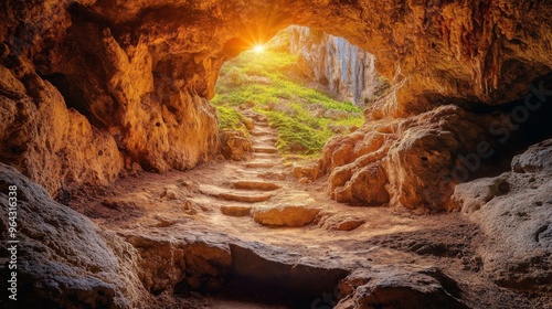 View can be seen from the entrance of a cave, revealing vibrant greenery and soft sunlight