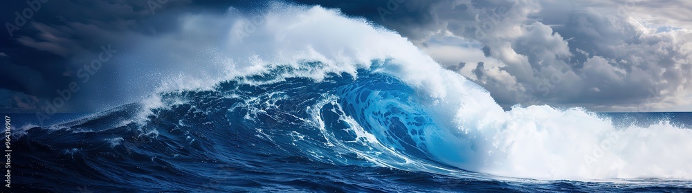 A large, powerful wave crashes against the ocean during a stormy day, with dark clouds looming overhead. A large, powerful wave crashes against the ocean during a stormy day, with dark clouds looming overhead.