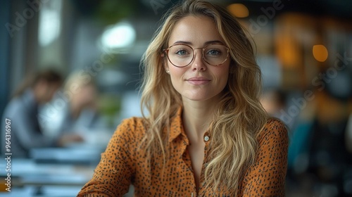 Young Professional Woman with Glasses Smiling in Modern Office Setting, Natural Light