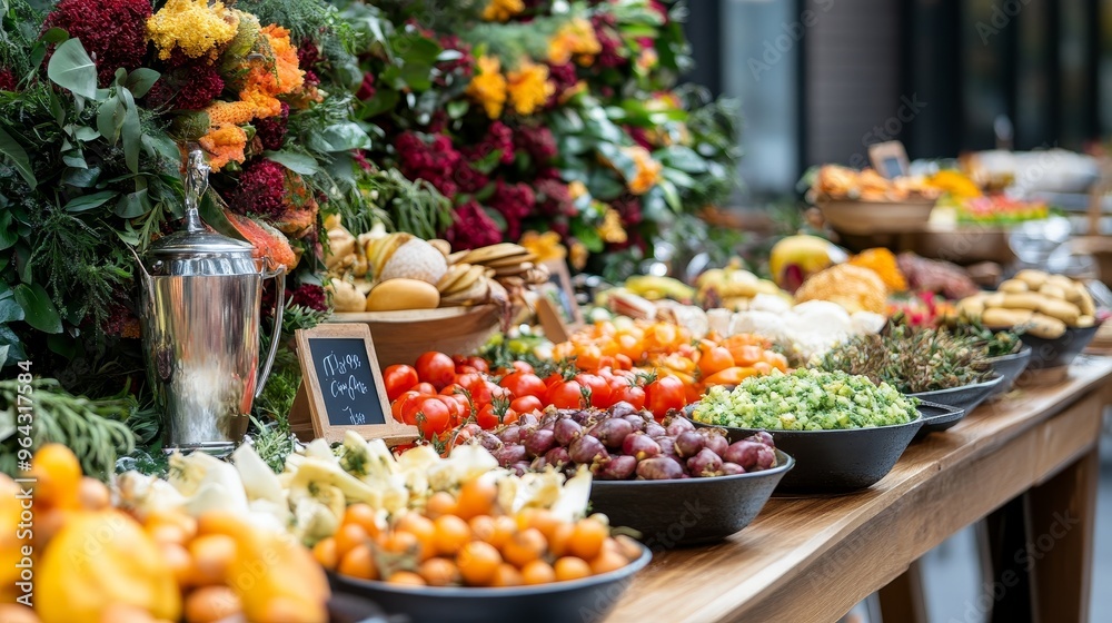 Thanksgiving feast preparation: table decor, food, and backdrop. Restaurant catering for outdoor event, offering vegetable buffet and dinner celebration. Thanksgiving feast preparation: table decor, food, and backdrop. Restaurant catering for outdoor event, offering vegetable buffet and dinner celebration.