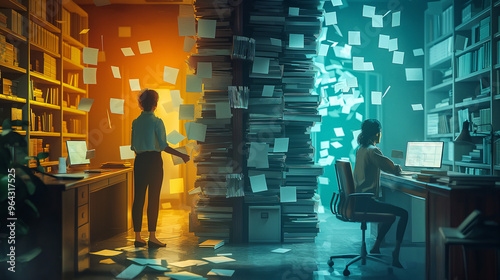 Two teachers compared: one using AI to automate lesson planning, grading, and scheduling, with holographic projections of completed work