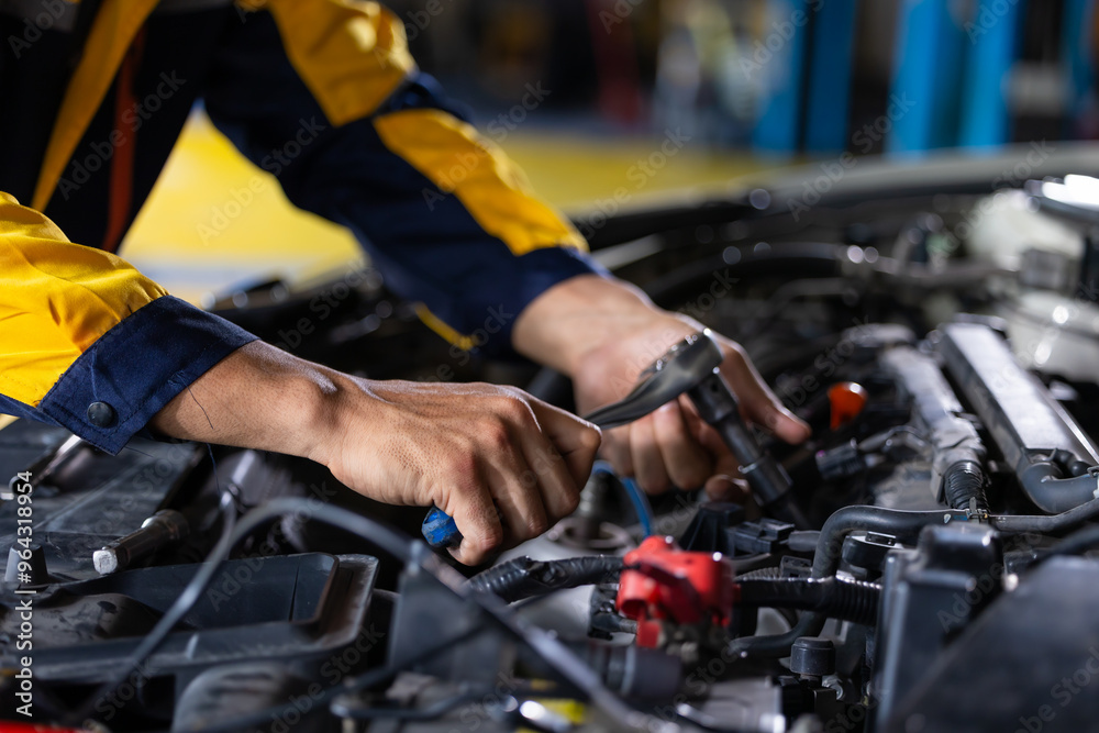 Close up mechanical hand with tools and spanner. Hispanic latin male mechanic repairs car in garage. Car maintenance and auto service garage concept Close up mechanical hand with tools and spanner. Hispanic latin male mechanic repairs car in garage. Car maintenance and auto service garage concept