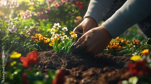 Planting Flowers in a Garden