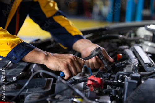 Close up mechanical hand with tools and spanner. Hispanic latin male mechanic repairs car in garage. Car maintenance and auto service garage concept