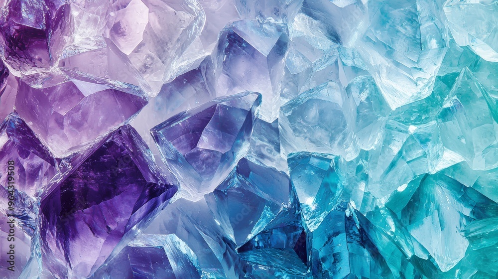 Mesmerizing macro photograph capturing the intricate details of an amethyst crystal structure, showcasing a captivating blend of violet and turquoise hues