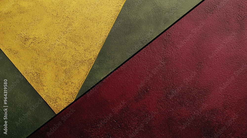 Abstract background with geometric shapes in green, yellow, red, brown, and burgundy colors, featuring a grunge texture and diagonal triangle pattern for a modern, vintage look Abstract background with geometric shapes in green, yellow, red, brown, and burgundy colors, featuring a grunge texture and diagonal triangle pattern for a modern, vintage look