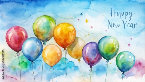 Wallpaper Mural Watercolor festive balloon background, bright, colorful balloons floating upwards with "Happy New Year" in handwritten text on a pale blue background Torontodigital.ca