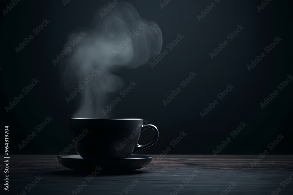 Elegant black coffee cup with rising steam on dark table, set against a deep black background, evoking calm and mystery Elegant black coffee cup with rising steam on dark table, set against a deep black background, evoking calm and mystery