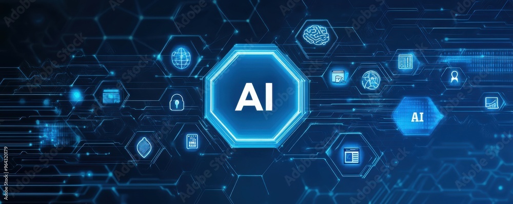 Futuristic blue hexagon with AI letters surrounded by technology icons representing artificial intelligence and digital innovation Futuristic blue hexagon with AI letters surrounded by technology icons representing artificial intelligence and digital innovation