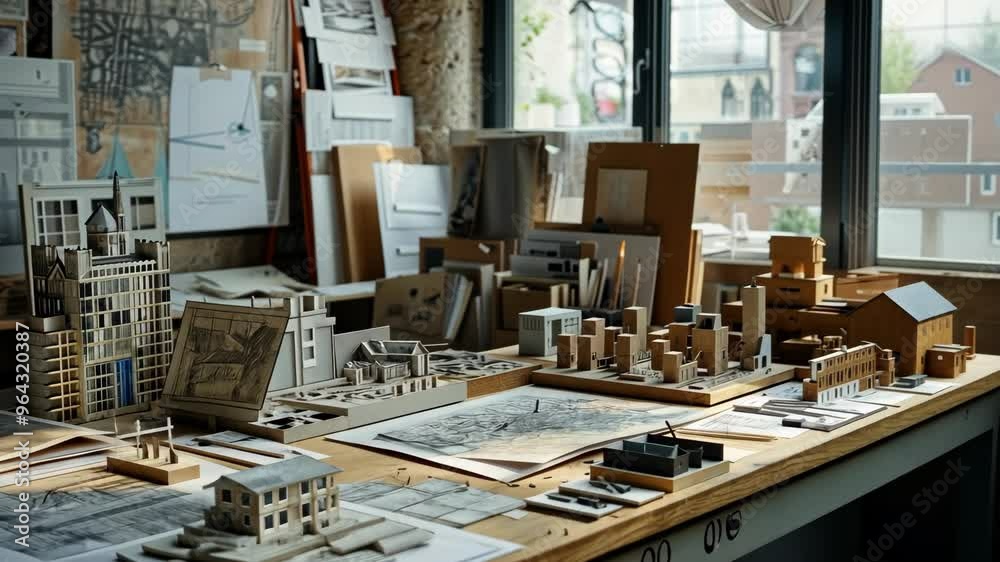 Exploring an architect's workspace filled with detailed models and sketches in a vibrant urban studio setting