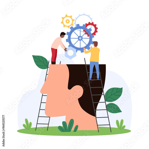 New product and smart solution implementation, optimization. Tiny people put gears inside open human head, give technical ideas, develop rational thinking and intelligence cartoon vector illustration