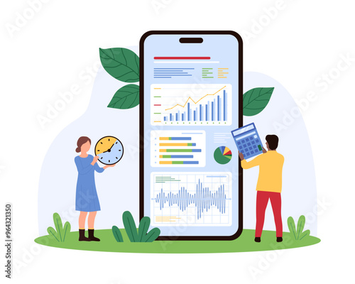 Data analysis, optimization in mobile app. Tiny people research trend or stock market graphs, documents and infographic charts, analytics platform on smartphone screen cartoon vector illustration