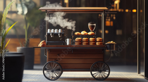 Cozy street food cart with coffee machine and pastries, perfect morning ambiance.