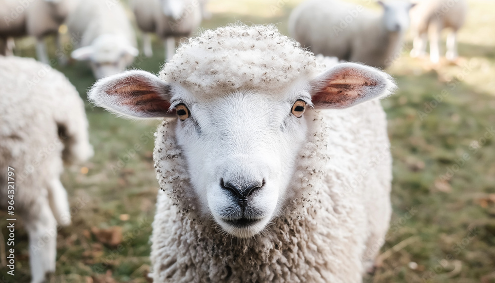 Close-up portrait of a fluffy white sheep staring at the camera, with other sheep in the blurry background. Close-up portrait of a fluffy white sheep staring at the camera, with other sheep in the blurry background.