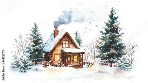 Watercolor painting of a cozy cabin in a snowy winter forest.