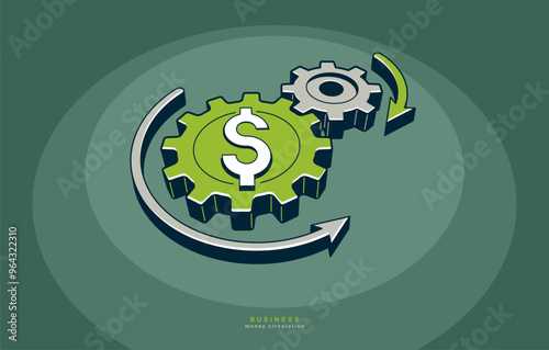 Business and money circulation concept poster, gears with dollar sign vector icon style illustration, economy and finance, economical system.