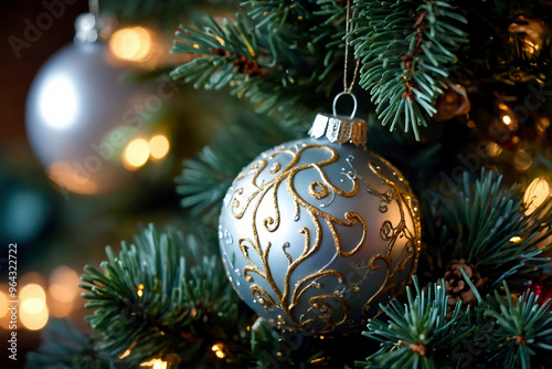 close-up of a silver-coloured christmas bauble on the christmas tree