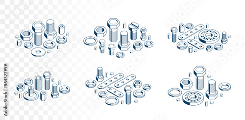 Bolts and nuts vector 3D isometric set, repair and maintenance service concept.