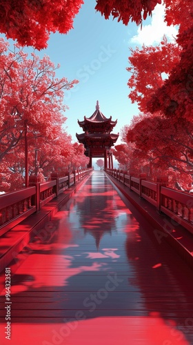 3d Red Chinese Temple and blossoms, bright sky photo