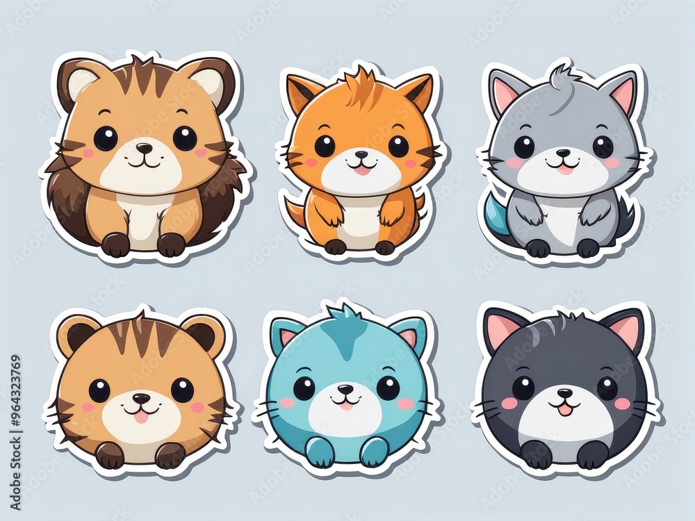 Cute cartoon animal stickers featuring various adorable animals in playful poses. Cute cartoon animal stickers featuring various adorable animals in playful poses.