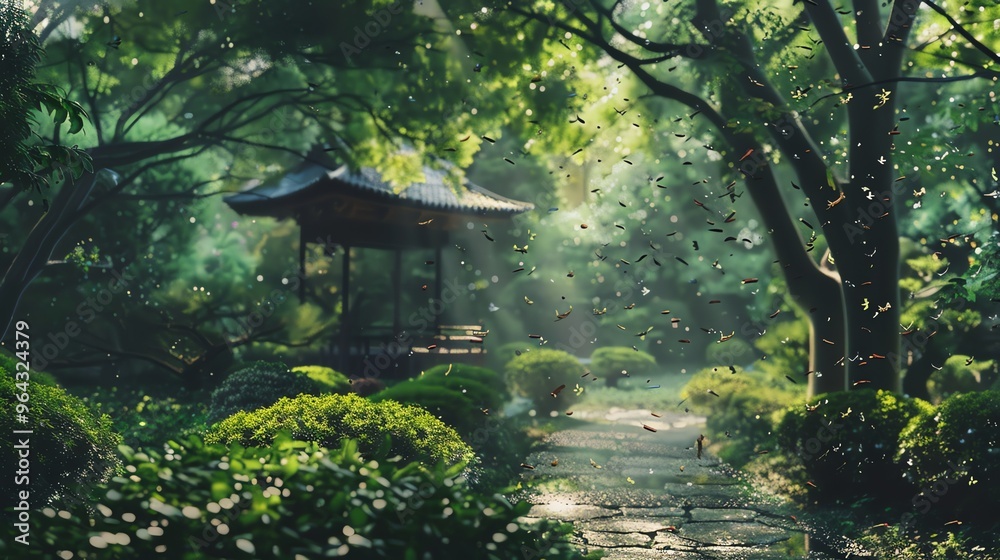 A magical forest scene with a pagoda and a pathway. A magical forest scene with a pagoda and a pathway.