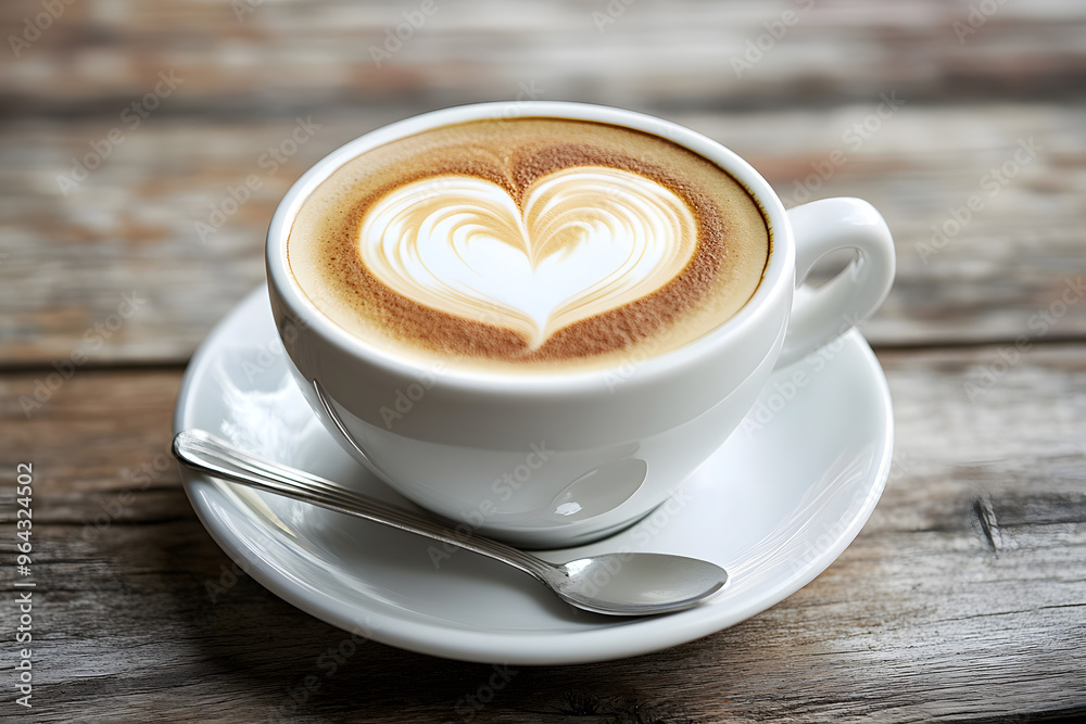 Cup of cappuccino with intricate heart latte art in white ceramic, placed on rustic table for cozy ambiance Cup of cappuccino with intricate heart latte art in white ceramic, placed on rustic table for cozy ambiance