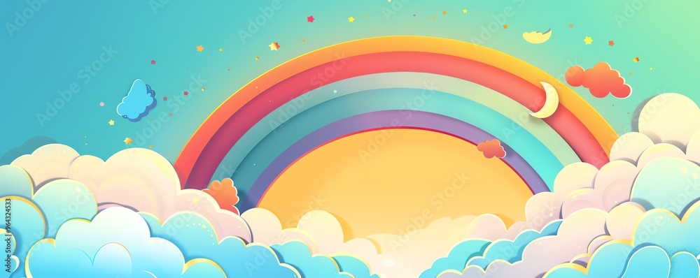 Sky with rainbow, colorful arc after rain, flat design illustration Sky with rainbow, colorful arc after rain, flat design illustration