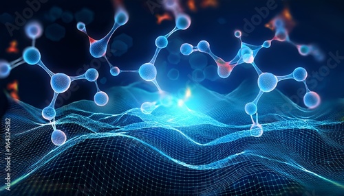 digital representation of molecular structures floating against a dark blue background, microscopic, flu virus, floating, generative ai, digital art, science, three-dimensional, illustration, medical