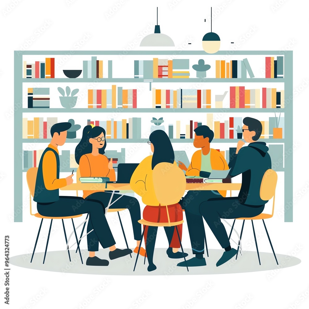 Library study session, students exchanging ideas, flat design illustration Library study session, students exchanging ideas, flat design illustration