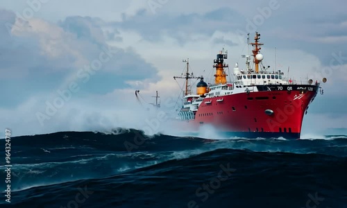 A lone fishing trawler navigates the misty waters, its hull barely visible against the gray expanse