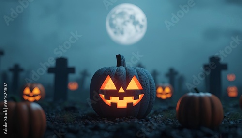 A spooky Halloween scene featuring carved pumpkins in a graveyard under a full moon, creating an eerie yet festive atmosphere. photo