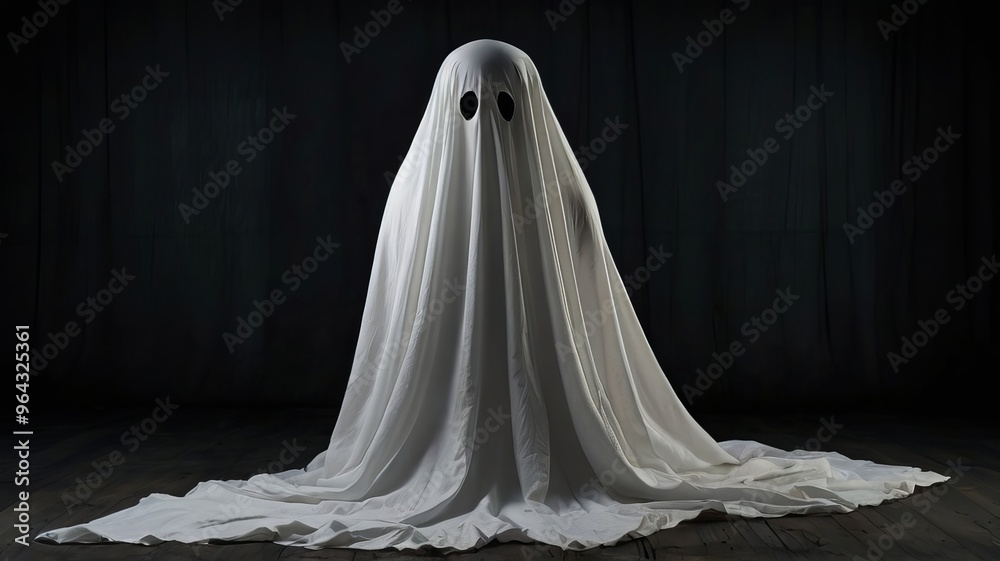 A classic ghost costume featuring a white sheet with cut-out eyes stands alone in a dark, shadowy room. Halloween concept A classic ghost costume featuring a white sheet with cut-out eyes stands alone in a dark, shadowy room. Halloween concept