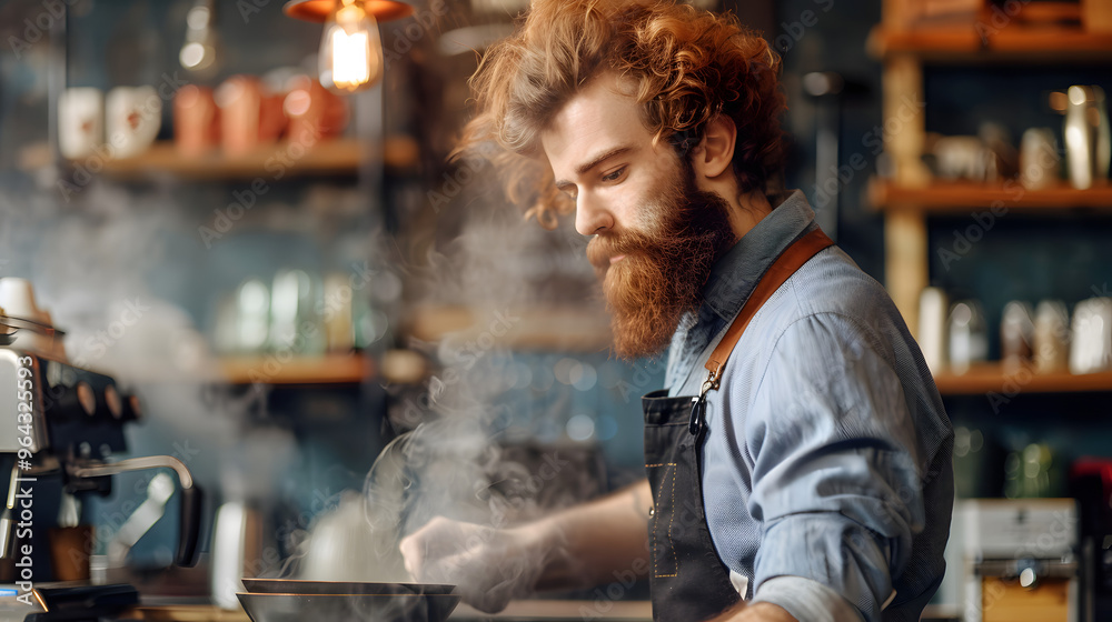 Barista's head steaming with coffee aromas and cozy café interior 