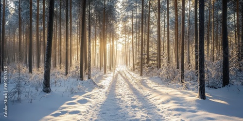 A tranquil winter forest scene with snow-covered path and sunlight filtering through tall trees, creating a serene atmosphere.