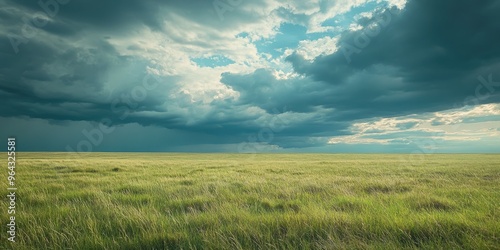 A vast, serene landscape showcasing a green field under a dramatic sky filled with clouds, perfect for nature-themed projects.