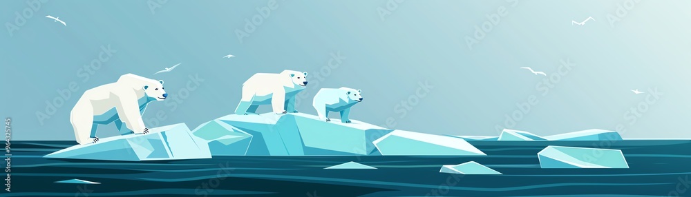 Polar bears on melting ice, climate change impact, flat design illustration Polar bears on melting ice, climate change impact, flat design illustration