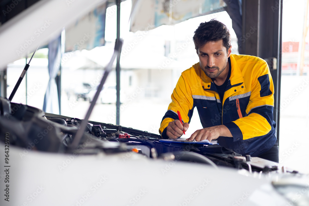 Hispanic latin man mechanic repairs car in garage. Car maintenance and auto service garage concept. Closeup hand and spanner. Insurance agent Hispanic latin man mechanic repairs car in garage. Car maintenance and auto service garage concept. Closeup hand and spanner. Insurance agent