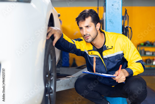 Hispanic latin man mechanic repairs car in garage. Car maintenance and auto service garage concept. Closeup hand and spanner. Insurance agent