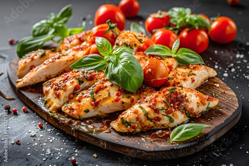 Grilled chicken fillets with fresh basil and cherry tomatoes on a wooden board.