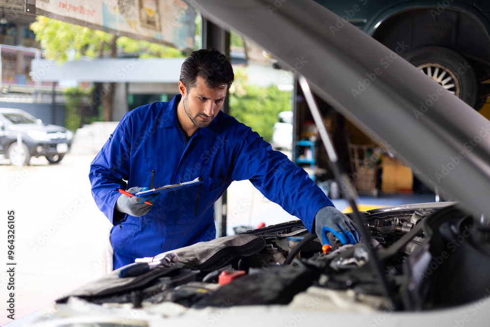 Hispanic latin man mechanic repairs car in garage. Car maintenance and auto service garage concept. Closeup hand and spanner. Insurance agent Hispanic latin man mechanic repairs car in garage. Car maintenance and auto service garage concept. Closeup hand and spanner. Insurance agent