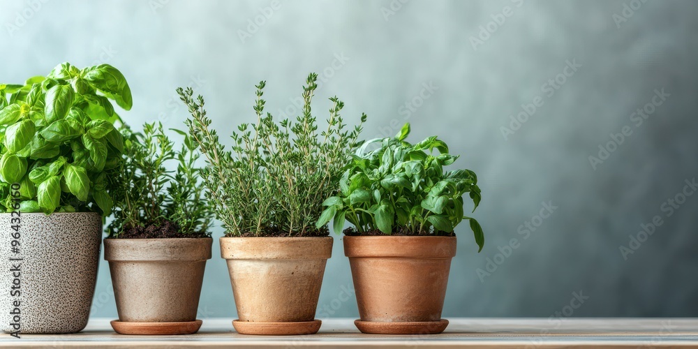 A vibrant collection of potted herbs on a wooden table, showcasing green basil, thyme, and other aromatic plants. A vibrant collection of potted herbs on a wooden table, showcasing green basil, thyme, and other aromatic plants.