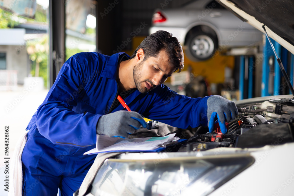 Hispanic latin man mechanic repairs car in garage. Car maintenance and auto service garage concept. Closeup hand and spanner. Insurance agent Hispanic latin man mechanic repairs car in garage. Car maintenance and auto service garage concept. Closeup hand and spanner. Insurance agent